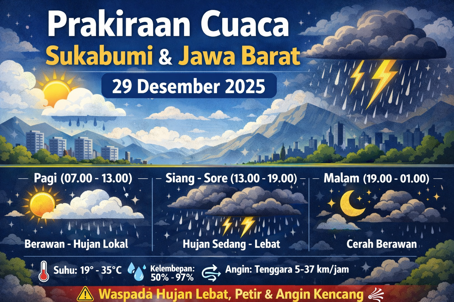 BMKG merilis prakiraan cuaca Sukabumi 29 Desember 2025.