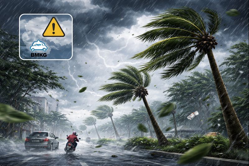 Ilustrasi angin kencang melanda wilayah Sukabumi, disertai hujan dan cuaca ekstrem, Sabtu (24/1/2026). BMKG mengimbau masyarakat meningkatkan kewaspadaan terhadap potensi bencana hidrometeorologi.
