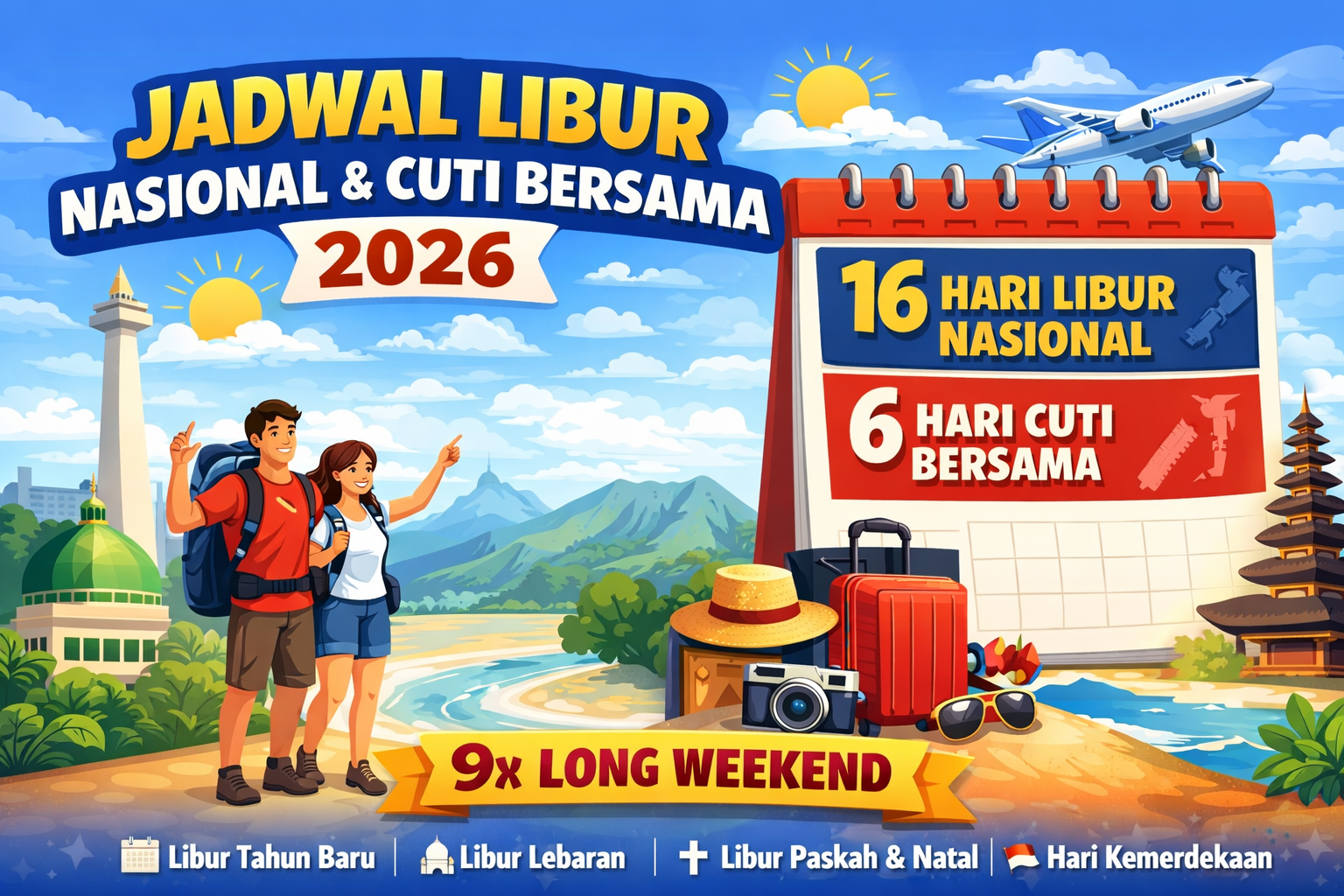 ILUSTRASI: Pemerintah menetapkan 16 hari libur nasional dan 6 cuti bersama. Sepanjang 2026 terdapat 9 long weekend yang bisa dimanfaatkan masyarakat. Foto: Ist/Net