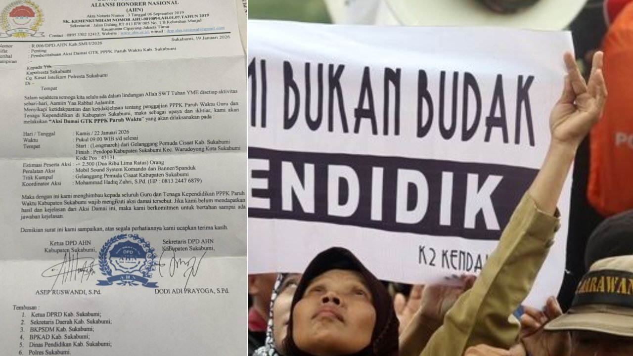 Guru dan tenaga kependidikan PPPK paruh waktu di Sukabumi akan menggelar aksi damai menuntut kejelasan penggajian, pada Kamis (22/1/2026). Foto: Istimewa