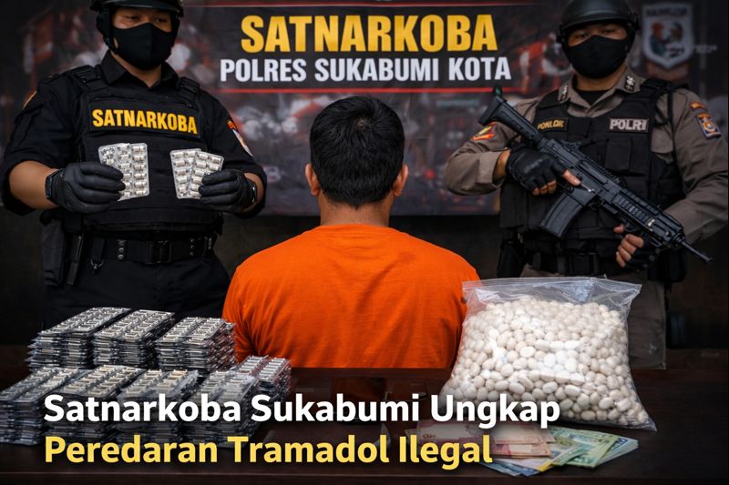 ILUSTRASI: Satnarkoba Polres Sukabumi Kota mengamankan terduga pelaku peredaran Tramadol ilegal beserta ribuan butir obat keras tanpa izin edar sebagai barang bukti. Foto: Istimewa