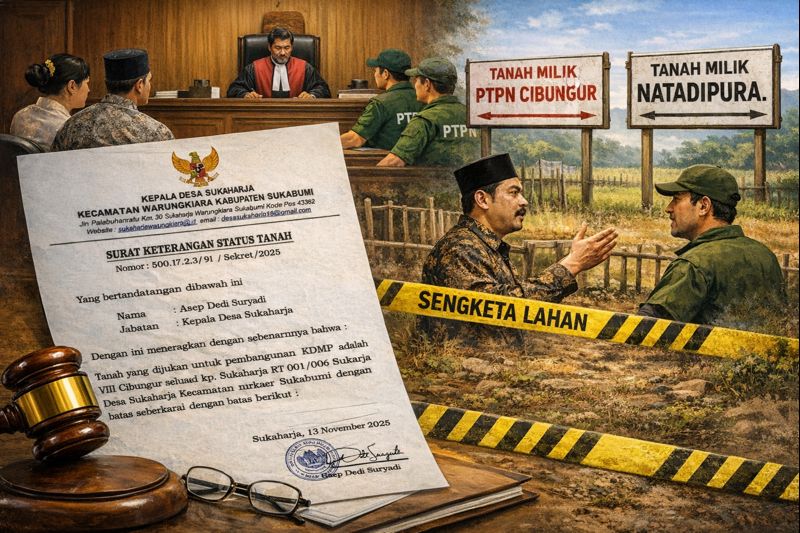 Gegara terbitkan suket tanah tak bersengketa, pihak Natadipura melayangkan peringatan kepada Kades Sukaharja Sukabumi di tengah proses sidang sengketa lahan di PN Cibadak. GRAFIS: INILAHSUKABUMI.COM