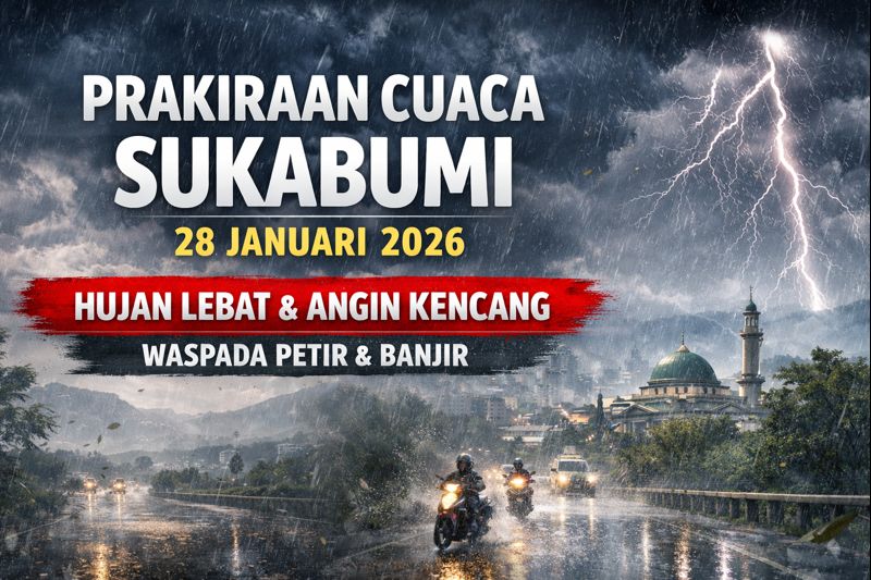 BMKG memperingatkan potensi hujan lebat disertai angin kencang dan petir di Kota dan Kabupaten Sukabumi. Masyarakat diimbau tetap waspada. Foto: Ilustrasi