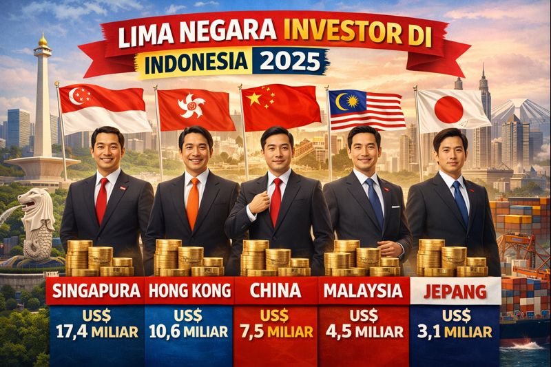ILUSTRASI: Lima negara dengan realisasi investasi terbesar di Indonesia tahun 2025, yakni Singapura, Hong Kong, China, Malaysia, dan Jepang.