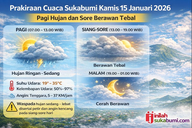 Pagi hari wilayah Kabupaten dan Kota Sukabumi diprakirakan diguyur hujan ringan hingga sedang. Memasuki siang sampai sore, cuaca didominasi berawan tebal dengan potensi hujan sedang hingga lebat disertai kilat dan angin kencang di beberapa wilayah. GRAFIS: INILAHSUKABUMI.COM
