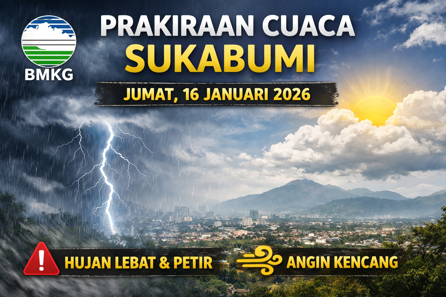 Ilustrasi prakiraan cuaca Sukabumi Jumat, 16 Januari 2026. BMKG mengingatkan potensi hujan lebat disertai petir dan angin kencang di sejumlah wilayah Kabupaten dan Kota Sukabumi. GRAFIS: INILAHSUKABUMI.COM