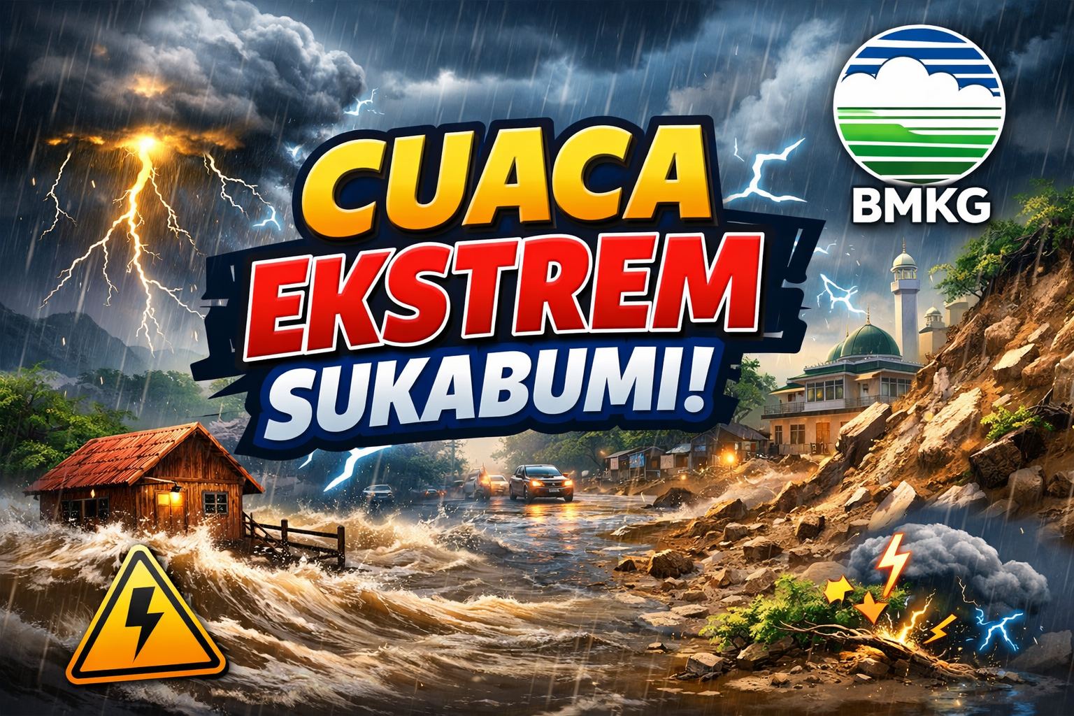 ILUSTRASI: Cuaca ekstrem berpotensi terjadi sejak pagi hingga malam hari. Masyarakat diimbau waspada terhadap banjir dan longsor di wilayah rawan. GRAFIS: INILAHSUKABUMI.COM