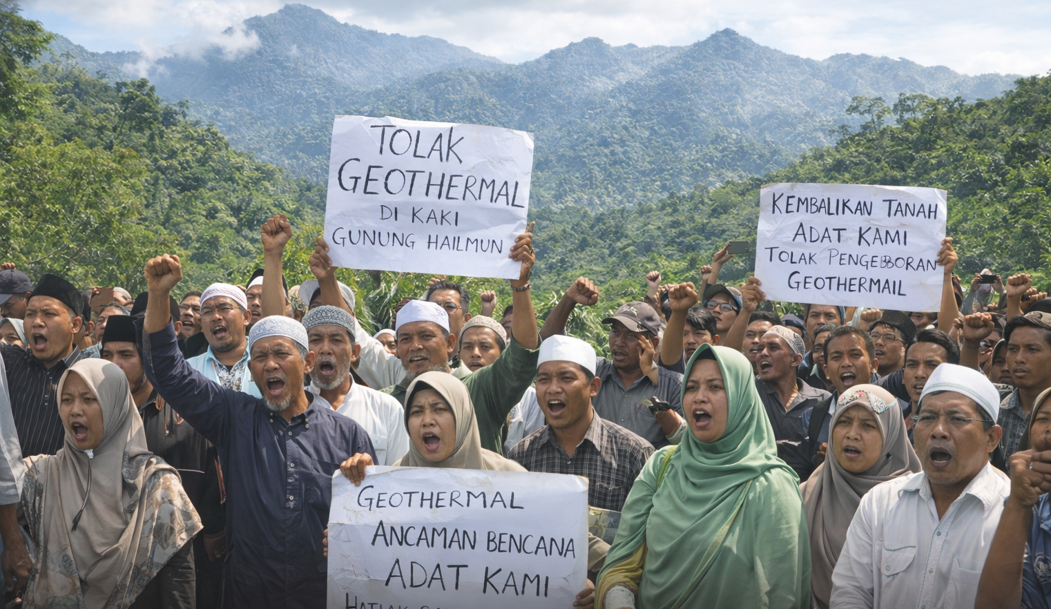 ILUSTRASI: Puluhan Warga Desa Sirnarasa, Kecamatan Cikakak menyampaikan penolakan terhadap rencana proyek geothermal di kawasan kaki Gunung Halimun, Sukabumi, karena dinilai berpotensi mengancam keselamatan dan kelestarian lingkungan. Smber Foto: Dihasilkan oleh Artificial Intelligence