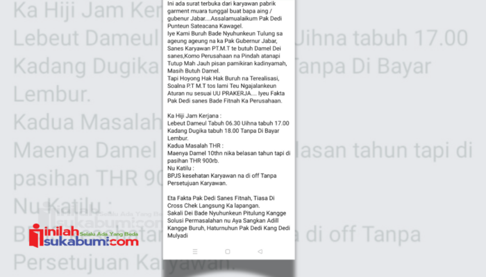 Karyawan PT Muara Tunggal Kirim Surat Terbuka untuk KDM, Ungkap Tiga Persoalan Penting