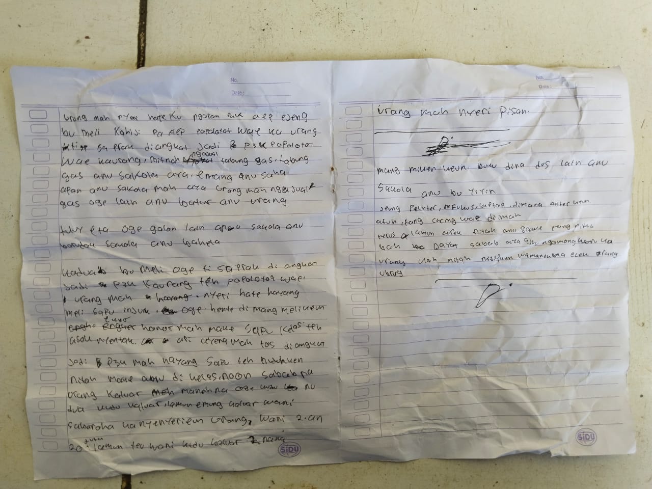 TULISAN TANGAN: Inilah penampakan surat yang ditulis D, pria asal Garut yag ditemukan meninggal dunia di SDN 1 Sentral, Kampung Cikoneng RT 01/016, Desa Ubrug, Minggu (1/2/2026) lalu. Foto: Istimewa