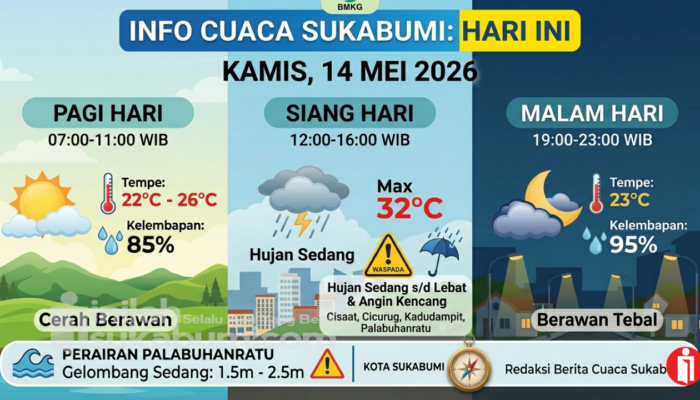 Prediksi BMKG untuk Cuaca Sukabumi Hari Ini, Kamis 14 Mei 2026: Potensi Hujan Sedang di Sore Hari
