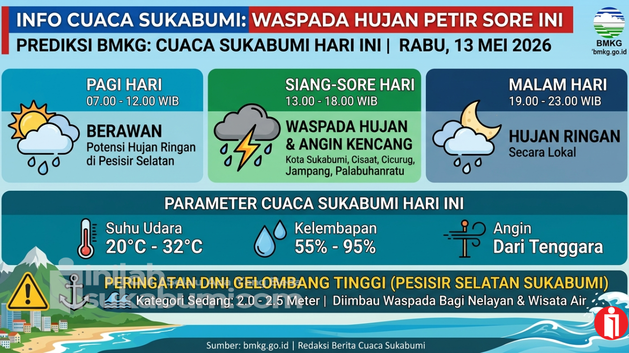 Prediksi BMKG untuk Cuaca Sukabumi Hari Ini, Rabu 13 Mei 2026.